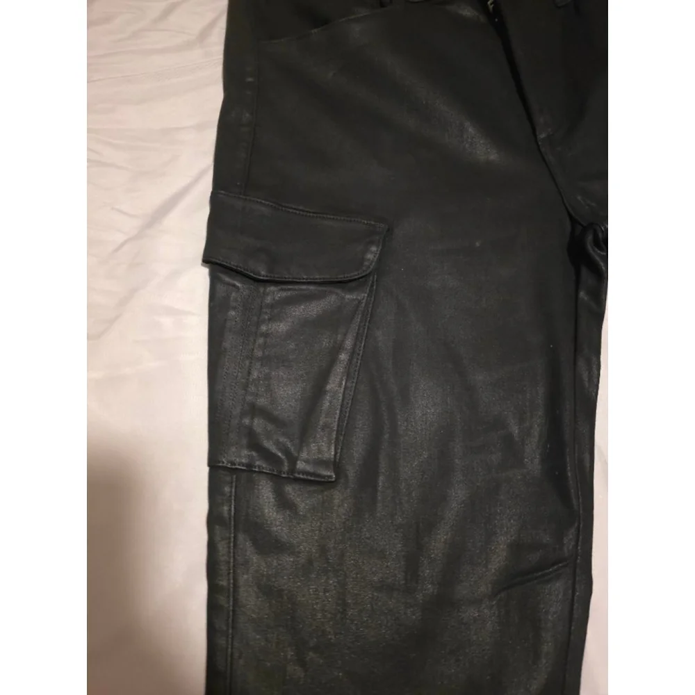 Monfrère Black Coated Cargo Pants Slim Fit Leather Look Size 38